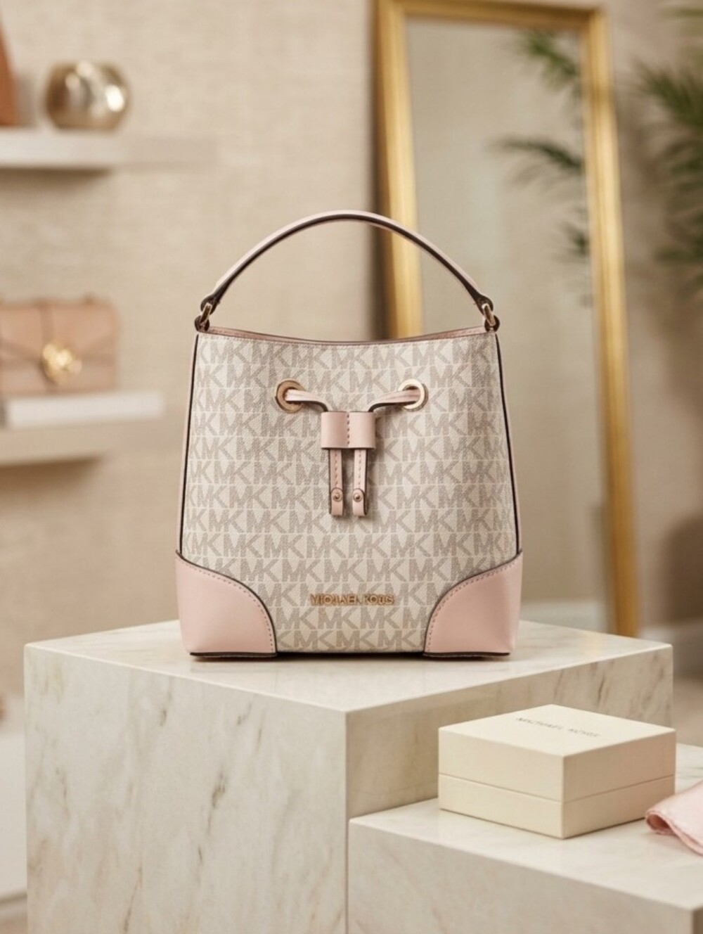 Michael Kors Mercer Small Pink Signature Bucket Crossbody Bag